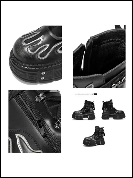 Men\'s Black Leather Platform Motorcycle Ankle Boots Flame Pattern Side Zipper